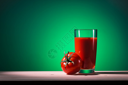 自然木制桌上的番茄汁和杯子绿色背景木制桌上的番茄汁和素食主义者生的图片