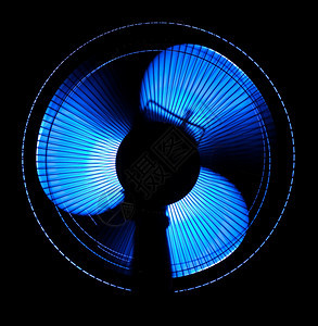 冷却器温度蓝色灯光的大办公室风扇在黑色上隔离图片