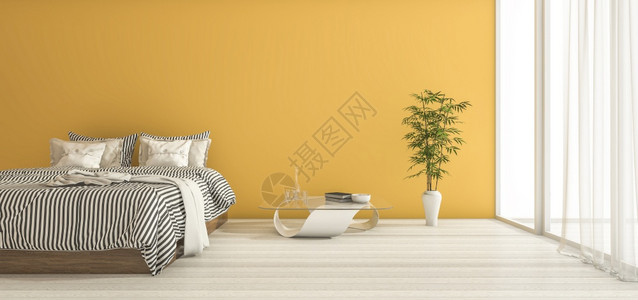 质地空的床3d以最微小的装饰和日光化为黄色卧室图片