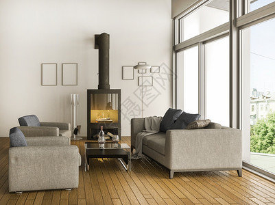 白天3d与沙发一起提供温暖的客厅木头玻璃图片
