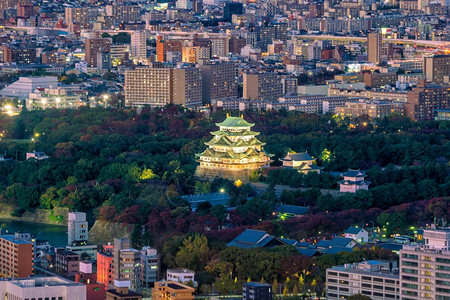 文化历史日落时名古屋城堡和日本市天际线建造图片