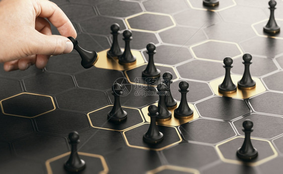 利基市场品牌具有六边形和手移动棋子的概念盘游戏黑色和金背景市场定位或商业策略的概念手摄影和3D背景之间的合成图像重新定位策略或市图片