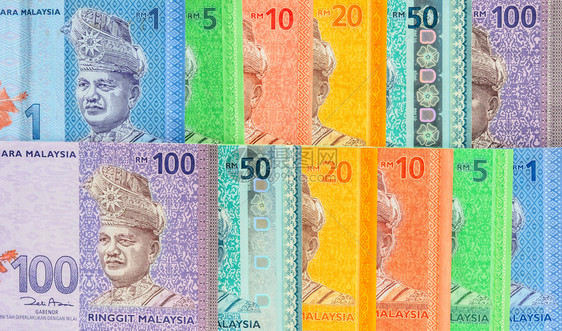 马来西亚林吉特纸币背景马来西亚货币一五十二和百林吉特纸币金融概念紫色的商业黄图片