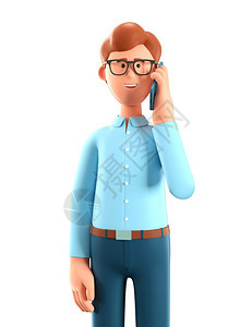 白色的渲染相互作用3D插图在电话上聊天的快乐男人使用智能手机白色隔绝的可爱笑着卡通商人的肖像图片
