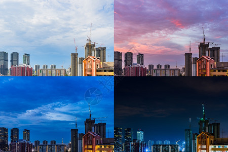 日落市中心时刻新加坡下城天际线每日至夜景建筑工地4分钟云彩飞涨图片