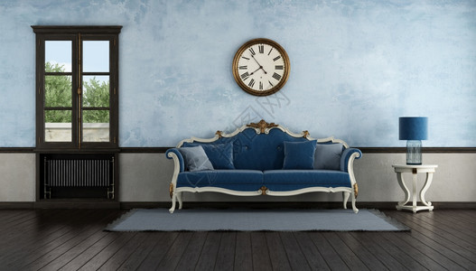 人们家具灯蓝色经典沙发在一个旧房里用木窗下的旧散热器在木窗户下装有旧散热器3D制成蓝色经典沙发在旧房里图片