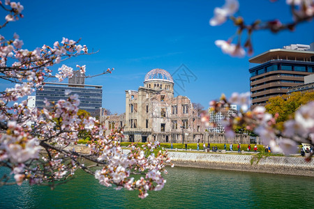 历史广岛日本原圆顶的景象教科文组织世界遗产址樱花盛开公园旅游图片