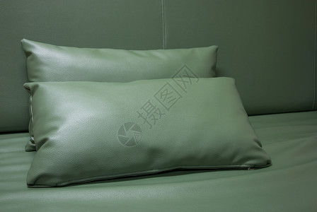 质地床沙发上的绿皮枕头柔软度图片