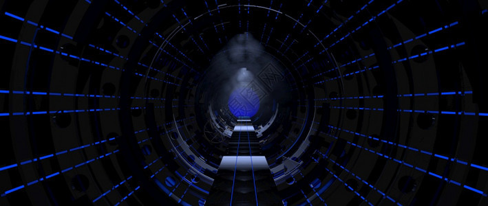 现代的黑暗走廊前视线隧道尽头有圆形结构窗户和蓝色灯光的窗口在3D说明前线号飞船内有神秘气氛暗走廊一望黑隧道尽头有窗面蓝色灯光和3图片