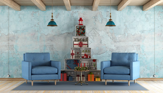 制作装饰风格带有圣诞节装饰品的回礼客厅蓝色旧房间配有两张扶手椅和用木制箱造的圣诞树3D光束图片