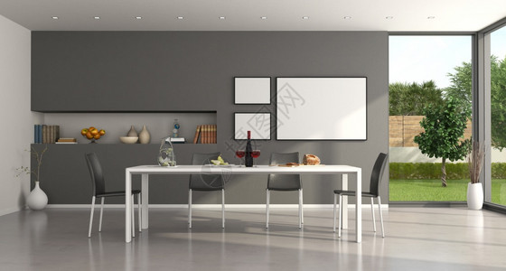 房间含有白地餐桌和灰墙的最小餐厅3D制成白色和灰最低食用室屋利基市场背景图片