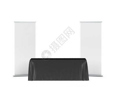 白色背景上孤立的三张插图纸旁挂着滚动横幅的空白交易桌布扔悬垂贸易图片