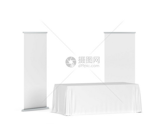 展览长方形白色背景上孤立的三张插图纸旁挂着滚动横幅的空白交易桌布营销图片