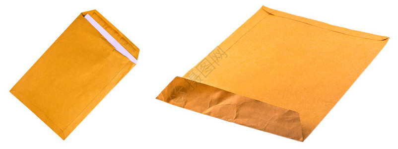 空白的服务邮递员色背景上隔离的一套用过黄色信封图片