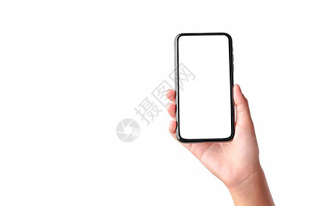 手持空白屏幕机隔离在白色背景电话空的触碰图片