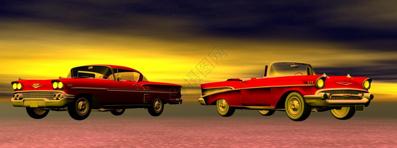 车轮颜色60rs的两辆红色旧车在彩多的背景中旧车3D尾巴图片
