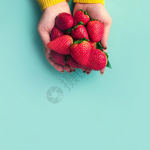 夏天蓝色背景季草莓模拟型手拿的草莓可口蓝色图片