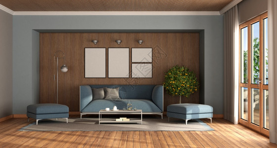 水平的渲染室内植物现代客厅用优雅的蓝色沙发和脚凳对着木墙3D制成现代客厅用优雅的蓝色沙发和脚凳图片