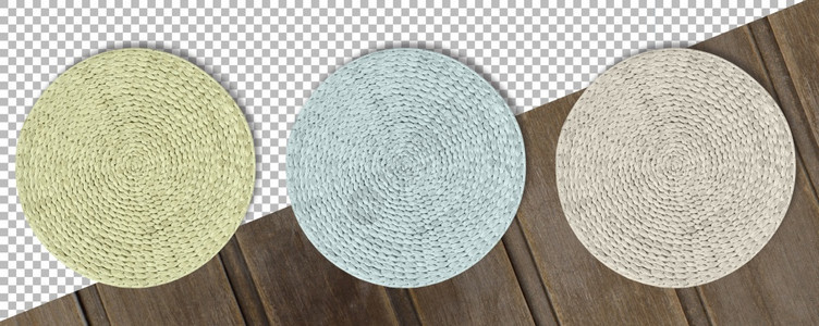 厨房设置彩色圆轮织草垫以透明背景隔离有质感的纺织品图片