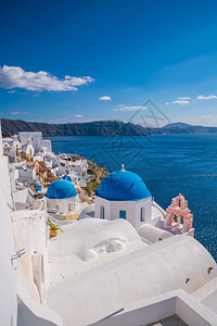 希腊圣托里尼岛奥亚城镇市风景蓝色的浪漫旅行图片