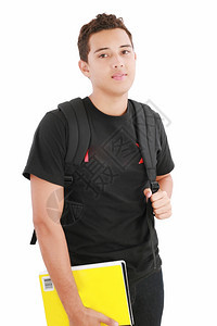 有吸引力的男孩学生站在校背包上白过景读模型多米尼奇图片