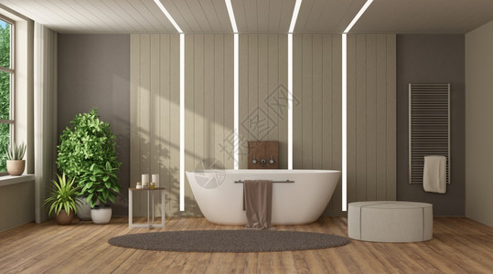镶板阳光毛巾棕色和米格现代浴室用缸与木制面板对抗用光灯3D将现代家庭浴室与缸对抗木制面板图片