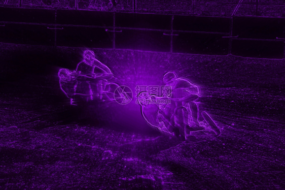滑动详细的弯曲土路边车摩托赛手的抽象紫色霓虹灯图像图片