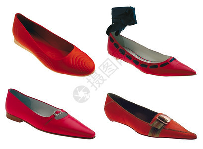脚齿轮四双红鞋白背景孤立在色上明亮的漂图片