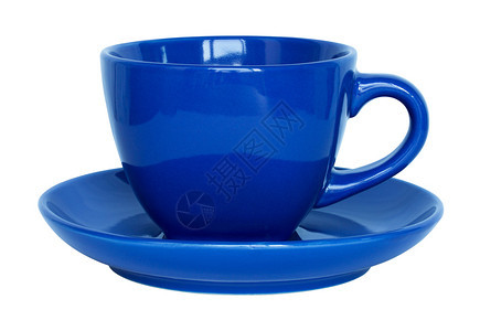 瓷空白的蓝色杯子和碟片用剪切路径隔离在白色上马克杯茶图片