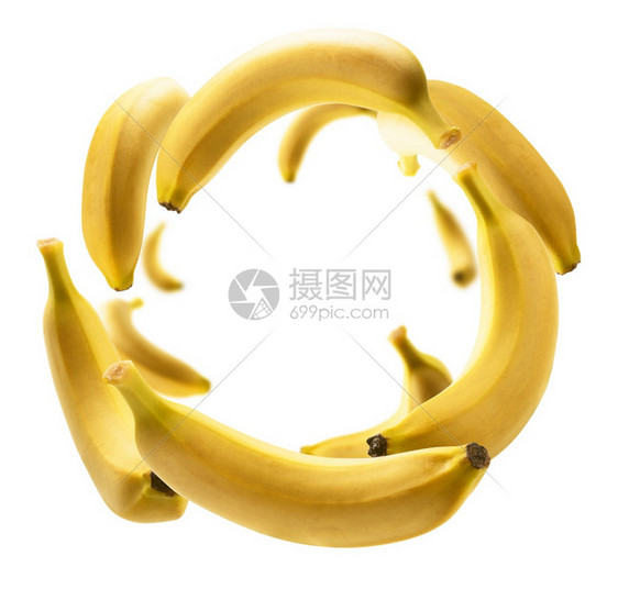 自然戒指营养黄色香蕉漂浮在白背景上黄香蕉漂浮在白背景上图片