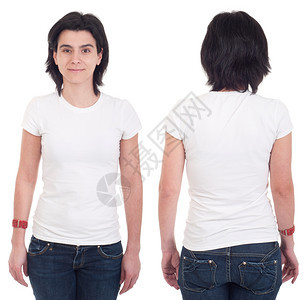 身穿白背景孤立T恤的快乐临时女前背和部空随意女士图片