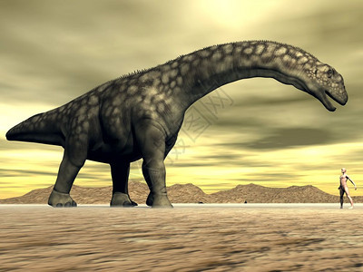 恐龙与沙漠中一个小人类面对地着沙漠中的一小块人尺寸古生物学背景图片