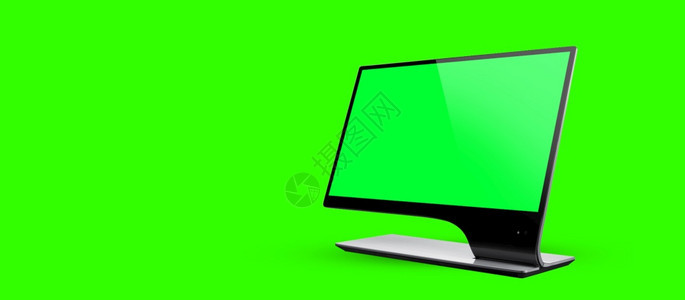 计算机开放视图亮绿色背景上的空屏幕横幅复制空间3d插图以亮绿色背景复制空间显示室内的数字房间图片