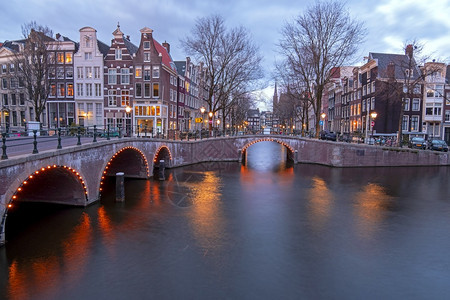 城市荷兰语日落时在凯泽斯格拉赫特的阿姆斯丹市风景场图片