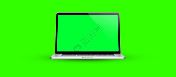 电子的计算机开放视图亮绿色背景上的空屏幕横幅复制空间3d插图infotooltip个人电脑办公室图片