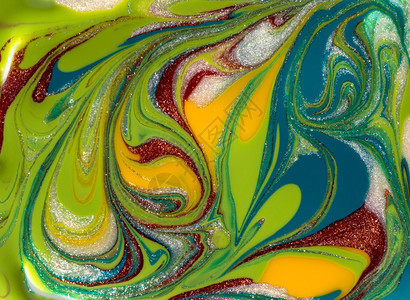 波浪液体充满活力绿色和黄木质纹理抽象的画浪手工造地表面大理石涂料的创造背景多彩以液态形式呈现多种颜色模式图片