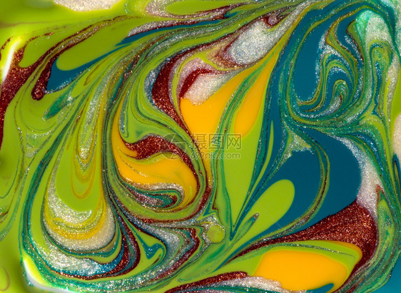波浪液体充满活力绿色和黄木质纹理抽象的画浪手工造地表面大理石涂料的创造背景多彩以液态形式呈现多种颜色模式图片