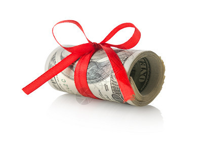 与白背景孤立的红丝带绑在一起的美元与彩带绑在一起的美元联合一种卷图片