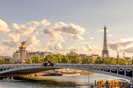 晴天巴黎亚历山大三世桥和埃菲尔铁塔的法兰西桑尼暑假日亚历山大三世桥亚历山三桥和埃菲尔铁塔阳光雕塑图片