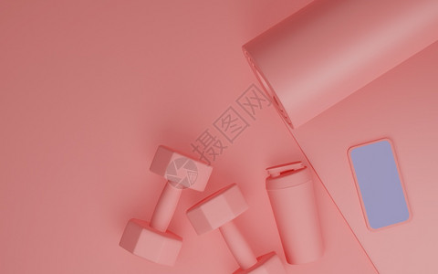锻炼运动员渲染健身设备白屏运动模型瑜伽垫水瓶粉红色女哑铃3D铸造图片