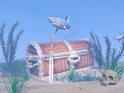蓝色的安全遗失宝藏箱头骨和鲨鱼丢失的宝藏箱3D海盗图片