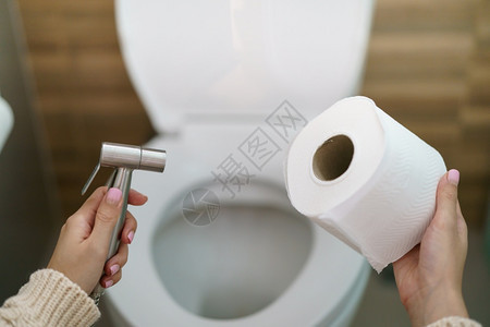座位厕所妇女做出选择用管子淋浴或卫生纸装饰风格图片