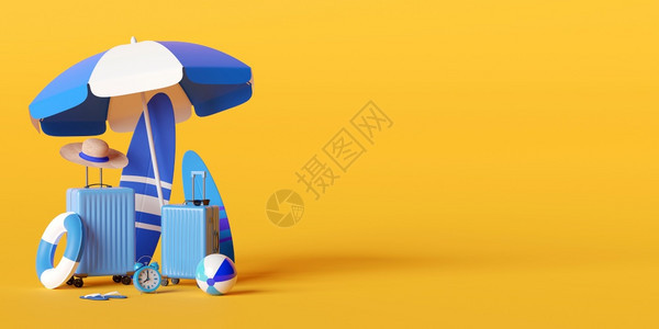 暑假概念海滩伞和黄色背景旅行附件3D插图A太阳镜请享用艺术图片
