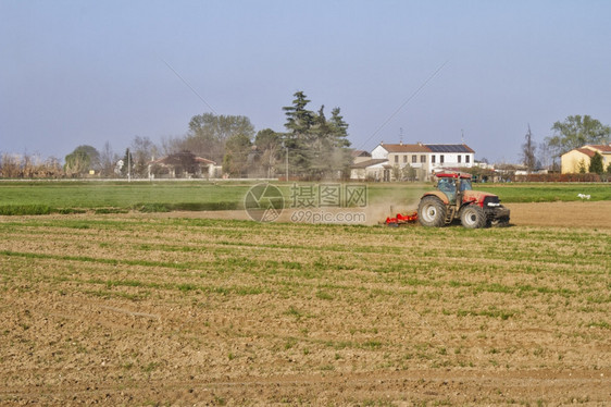 引擎重的红色拖拉机在田地上工作图片