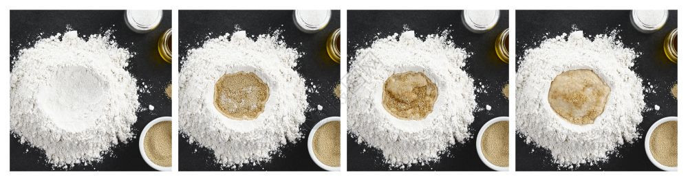 步二次方发酵的为面包或披萨烘烤与活干酵母不同阶段的检验或发酵而准备毛用于烤面包或比萨饼的过程拍摄了原板上面的部照片图片