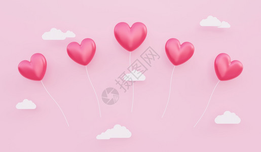抽象的生日情人节爱概念背景红色心形气球的3D插图在天空中飘浮纸云下周年纪念日图片