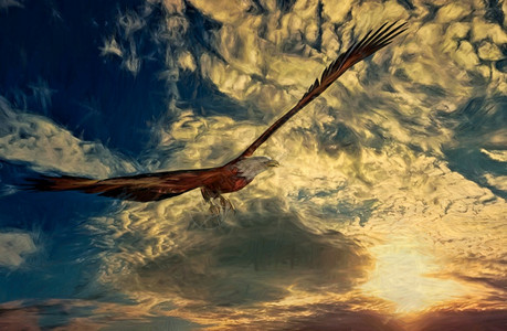 户外西方日落背景的鹰3D铸造和日落背景的数字涂料银鹰说明远的图片