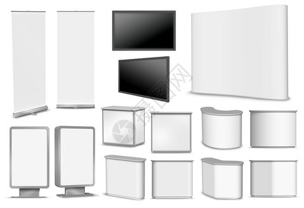 3d套空白滚动海报垂直广告牌公平办桌电视和白色背景的混凝墙添加自己的设计和信息完美地用于布局草稿和模型沟通书桌横幅图片