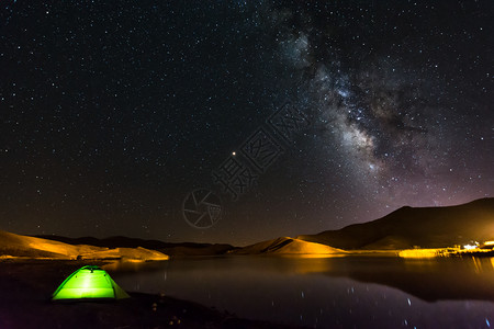 星星灯夜晚星空下湖边的露营帐篷背景