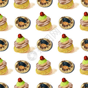 产品自制美食水彩蛋糕和饼干无缝模式的甜品背景图片